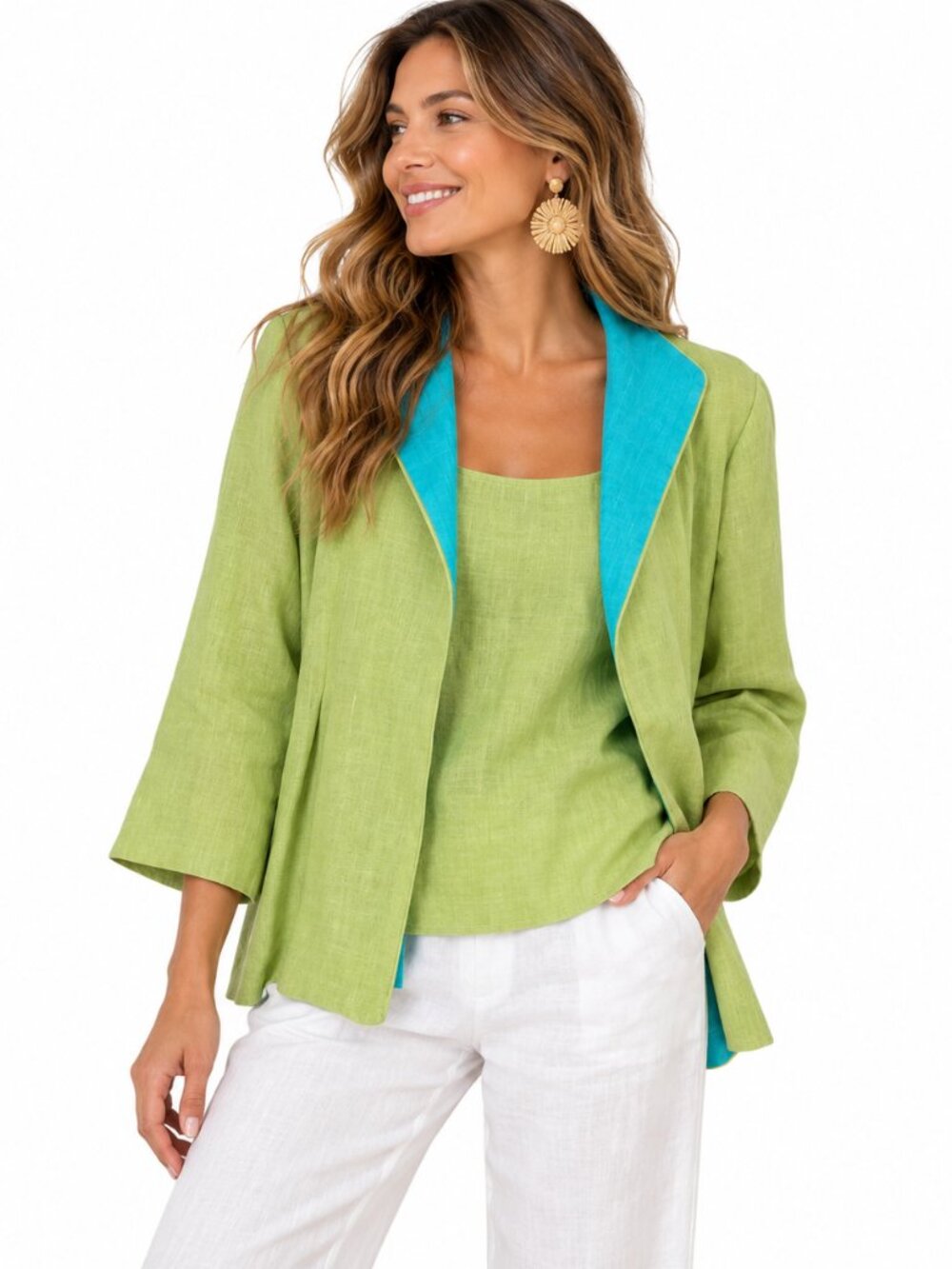 Vintage Painted Pony‎ Open Linen Jacket Set S Lime Green Turquoise Resort Travel